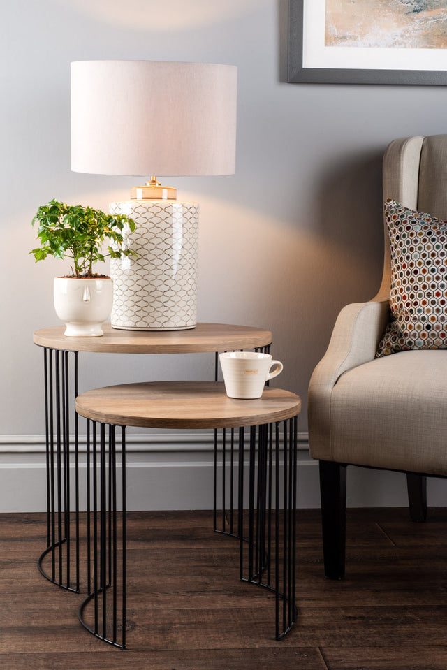 Drum Nest of 2 Round Tables Oak Effect