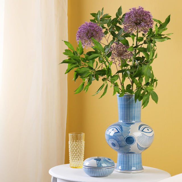 Picasso Ceramic Blue & White Vase With Face Print