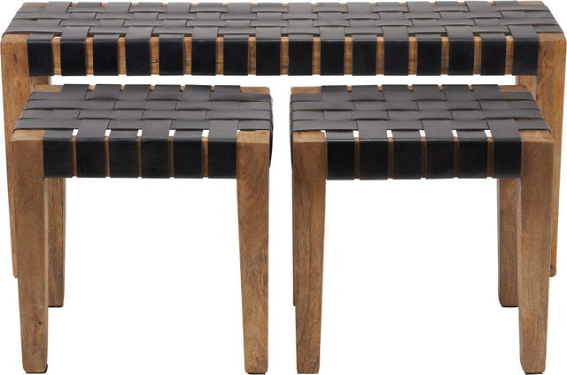 Claudio S/3 Black Leather and Mango Wood Bench and Stools