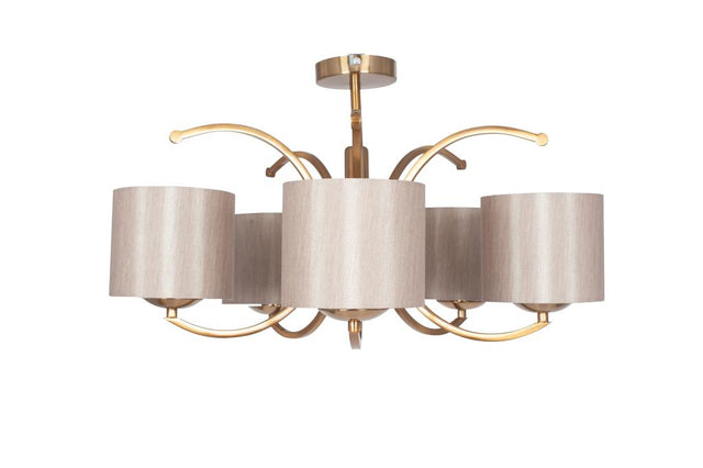 Arcadia Satin Brass Metal Curved 5 Arm Semi Flush Pendant