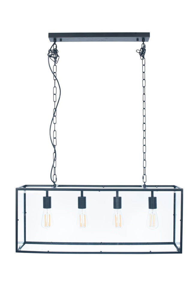 Llewellyn Matt Black Metal and Glass Four Bulb Pendant