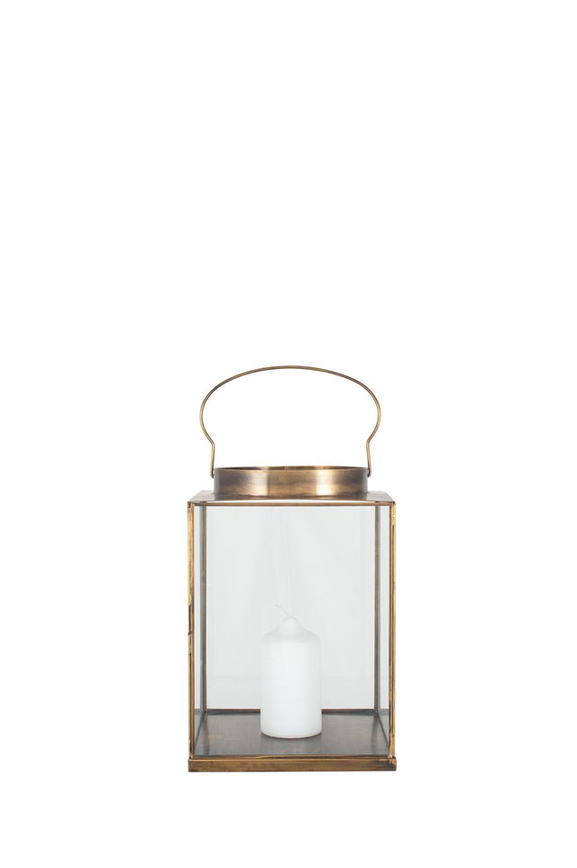Antique Brass Metal and Glass Square Lantern Small