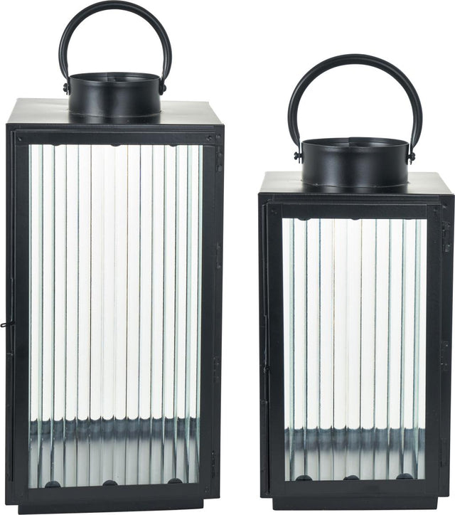 S/2 Black Metal and Ribbed Glass Lanterns