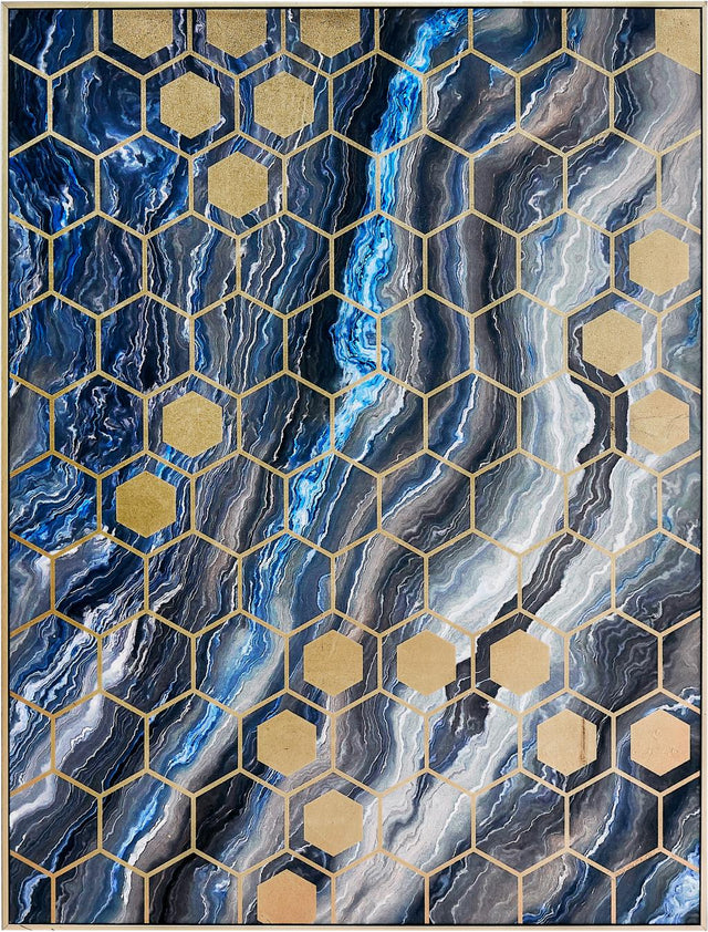 Black and Blue Marble Effect and Gold Geo Pattern Canvas