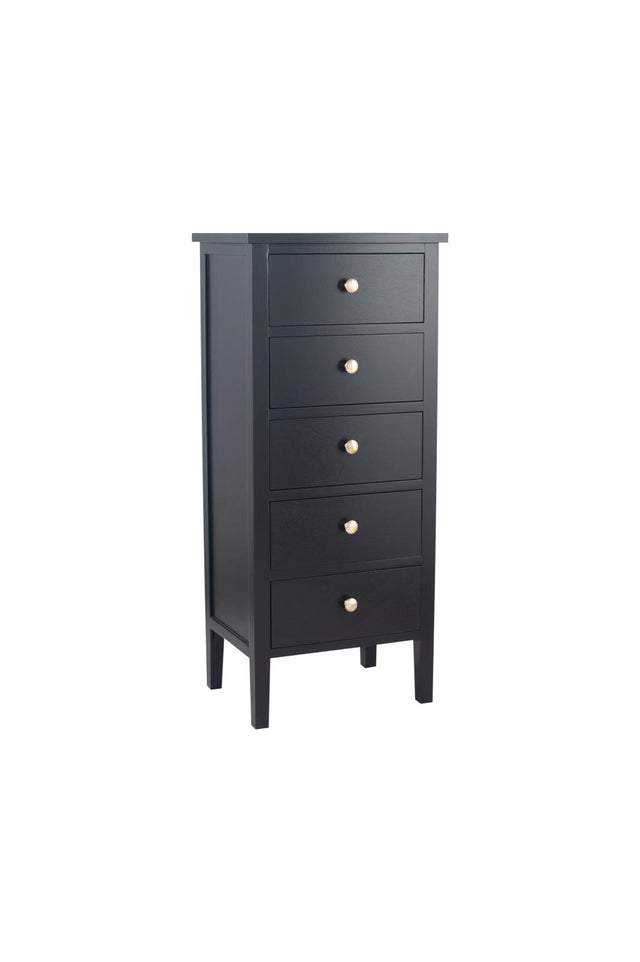 Chelmsford Satin Black Pine Wood 5 Drawer Tall Boy