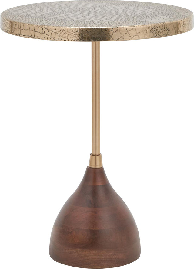 Caiman Antique Brass Croc Print Metal and Dark Brown Mango Wood Side Table