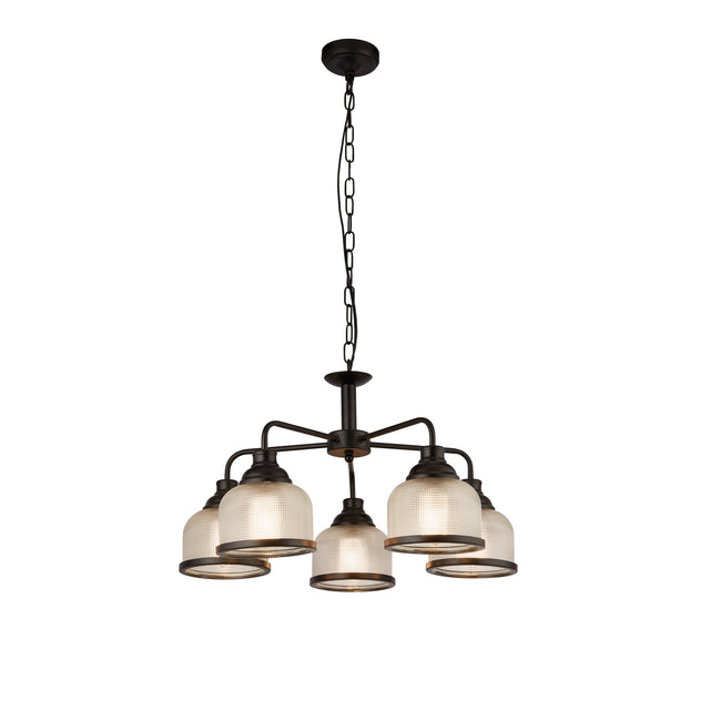 Highworth 5Lt Pendant - Black Metal & Holophane Style Glass