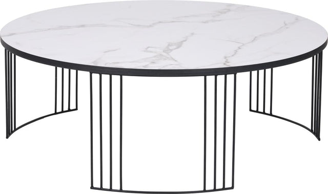 Atri White Marble Veneer and Black Metal Coffee Table