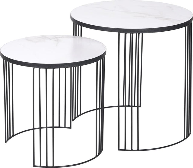 Atri S/2 White Marble Veneer and Black Metal Side Tables