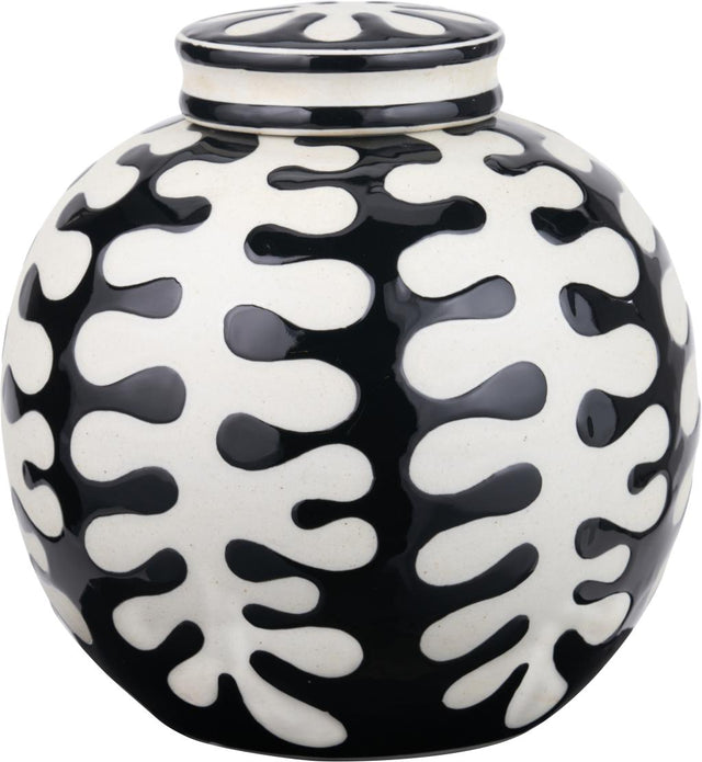 Elkorn Black and White Ceramic Coral Design Lidded Ginger Jar