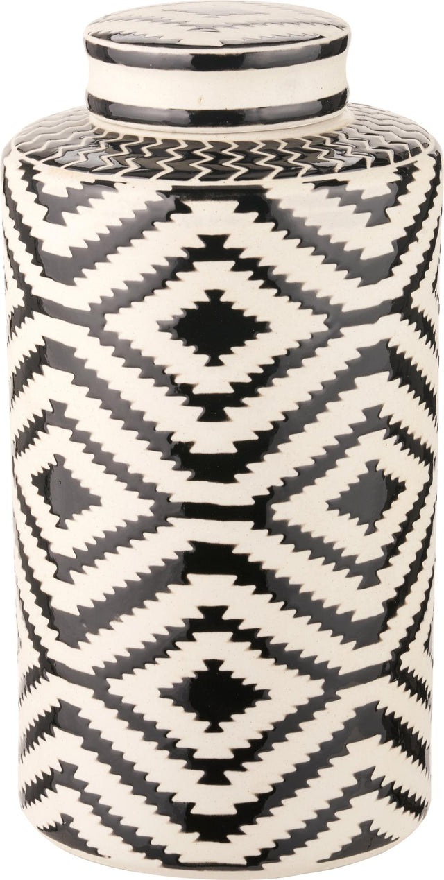 Chirala Black and White Ceramic Aztec Design Lidded Ginger Jar