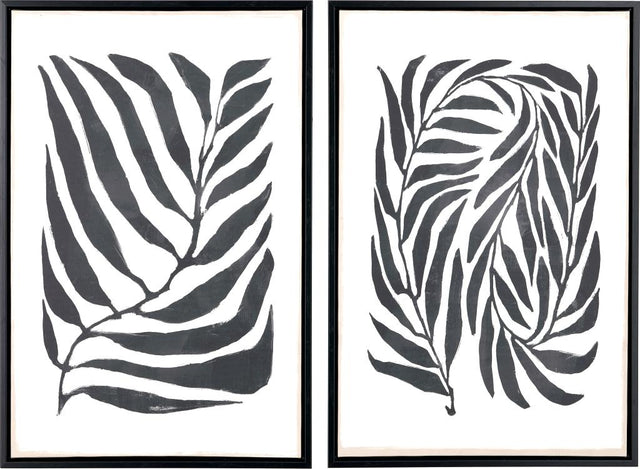 S/2 Black Leaf Print Canvases with Black Frames
