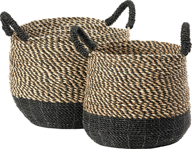S/2 Seagrass Natural and Black Round Handled Baskets