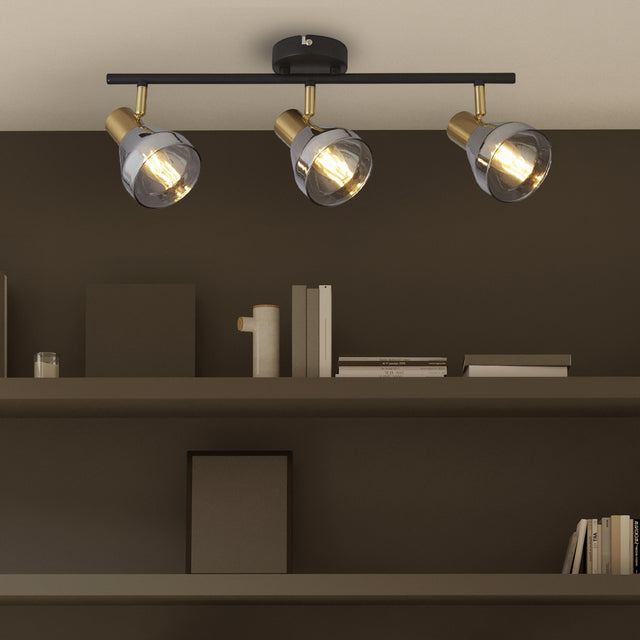 Westminster 3Lt Spot-Black, Satin Brass Metal & Smoked Glass