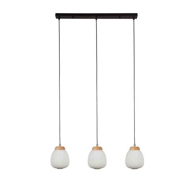 Ella 3Lt Pendant - Black Metal & Opal Ribbed Glass