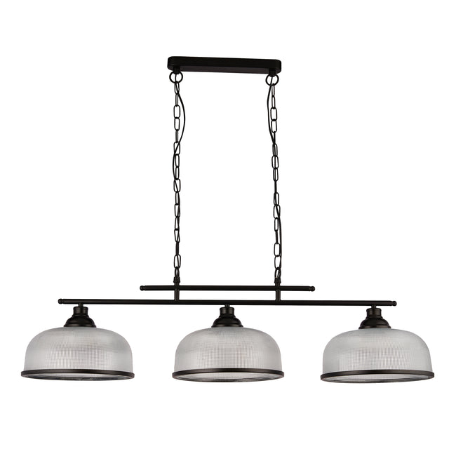 Highworth 3Lt Pendant - Black Metal & Holophane Style Glass