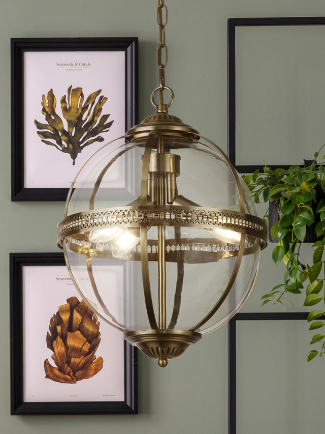 Coronet 3Lt Pendant - Antique Brass Metal & Glass