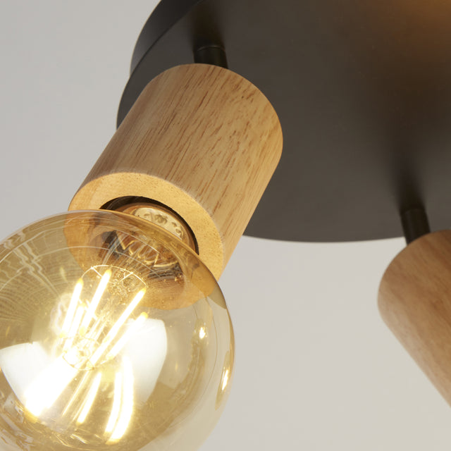 Spinny 3Lt Round Spotlight - Wood & Matt Black Metal