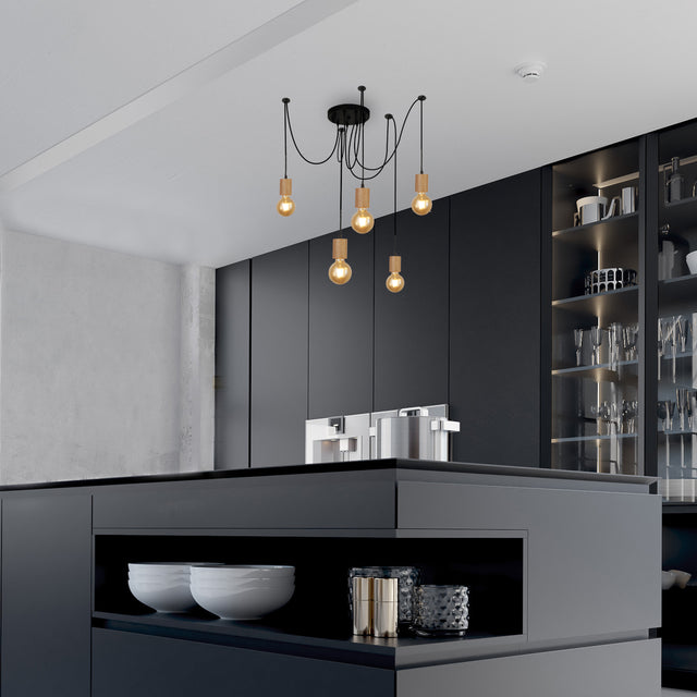 Spinny 5Lt Pendant - Wood & Matt Black Metal
