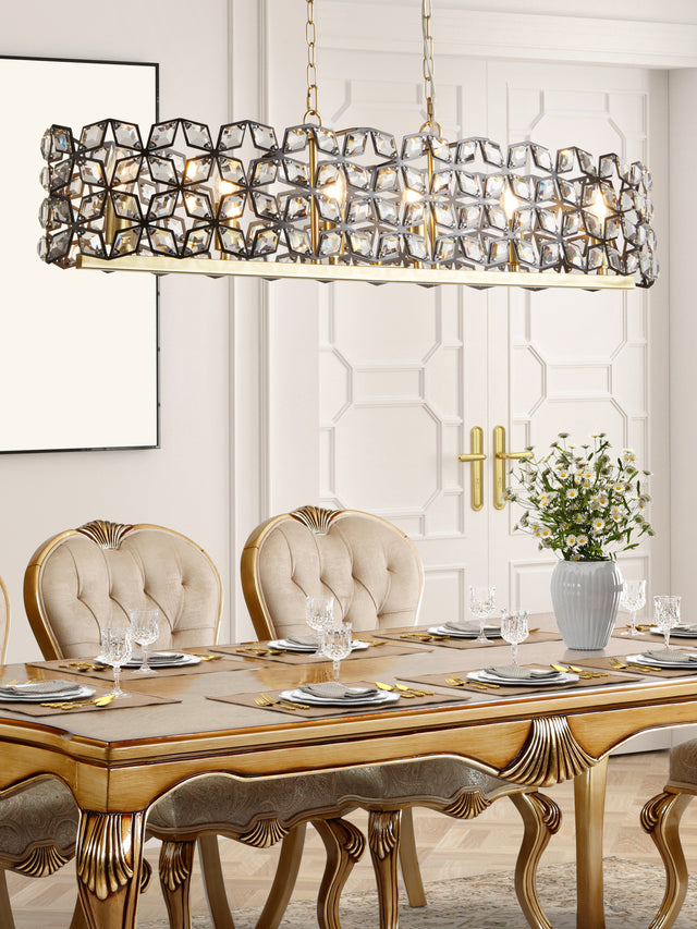 Iris 6Lt 100cm Long Bar Pendant - Black Metal, Crystal&Brass