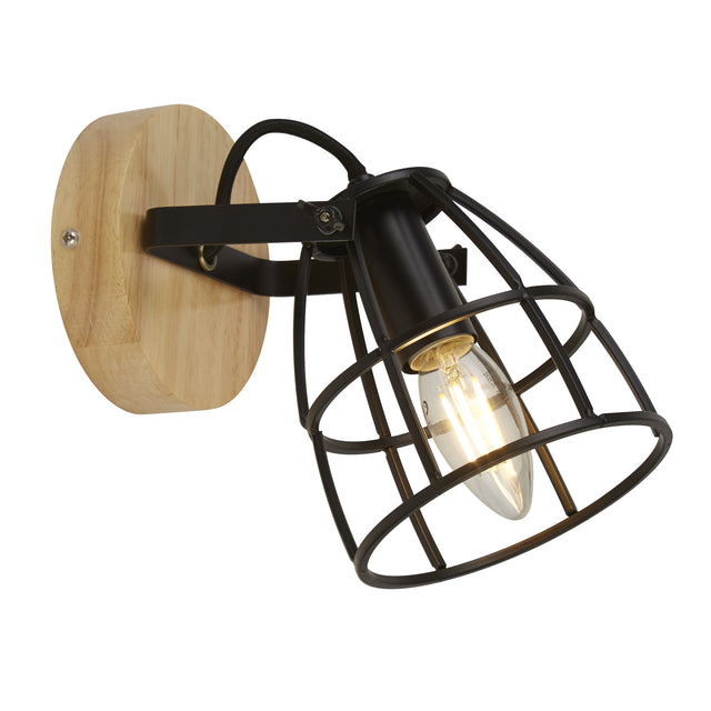 Vision Round Wall Light - Matt Black Metal & Wood