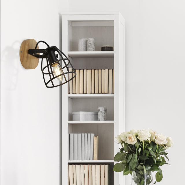 Vision Round Wall Light - Matt Black Metal & Wood