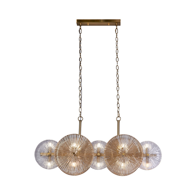 Wagon Wheel 10Lt Bar Pendant -Bronze Metal,Clear/Amber Glass