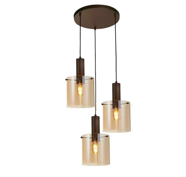 Sweden 3Lt Multi-Drop Pendant - Mocha Metal & Amber Glass