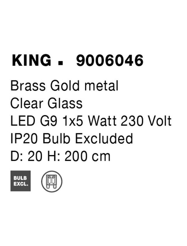 KING Brass Gold Metal Blown Clear Glass LED G9 1x5 Watt 230 Volt IP20 Bulb Excluded D: 20 H: 200 cm Adjustable Height