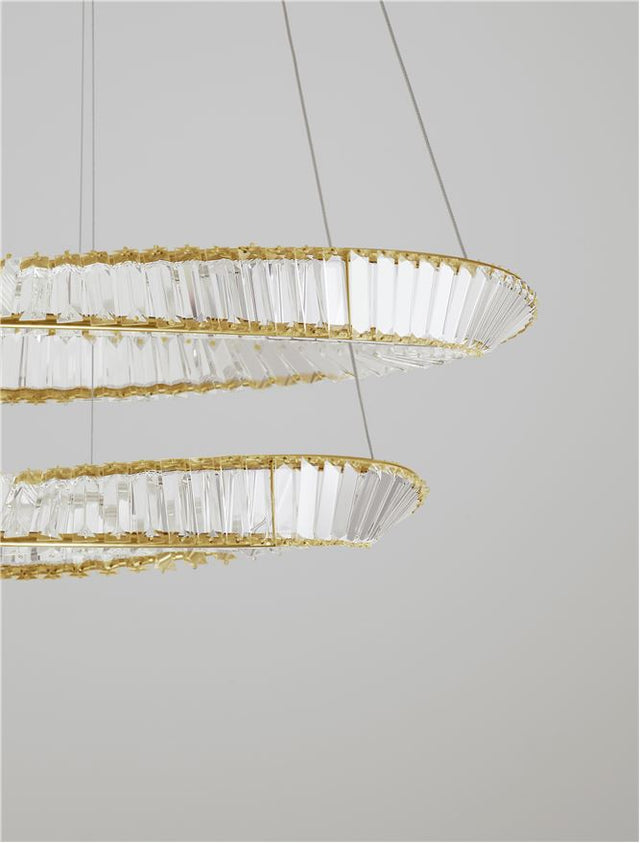 AURELIA Triac Dimmable Gold Metal & Crystal LED 72W 230 Volt 6351Lm 3500K IP20 Class I D: 80 H: 150 cm Adjustable Height