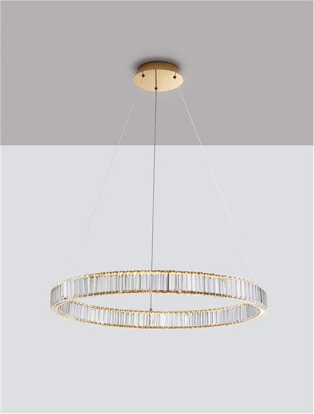 AURELIA Triac Dimmable Gold Metal & Crystal LED 47W 230 Volt 4895Lm 3500K IP20 Class I D: 80 H: 150 cm Adjustable Height