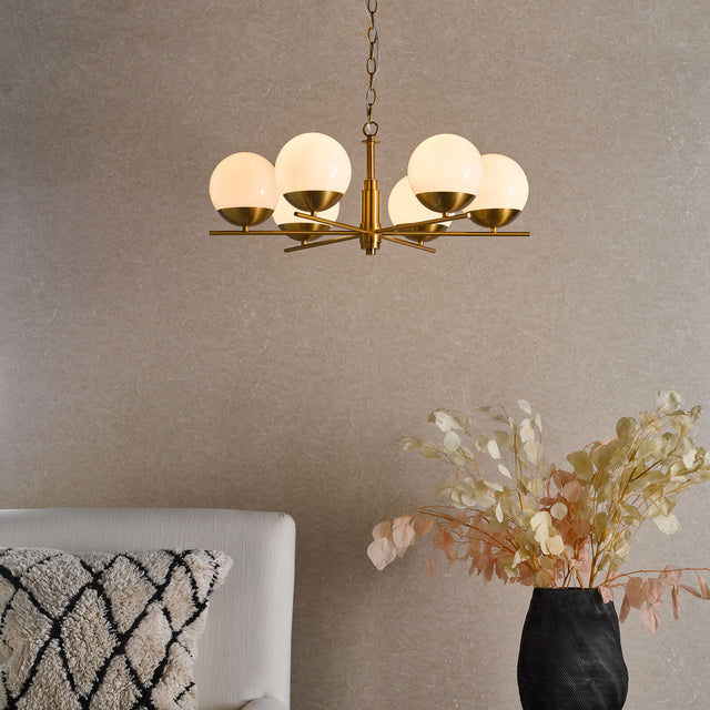 Bombazine 6 Light Pendant Natural Brass and Opal Glass
