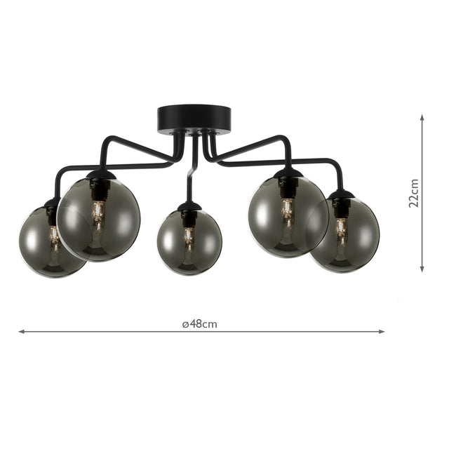 Feya 5 Light Semi Flush Matt Black Smoked Glass