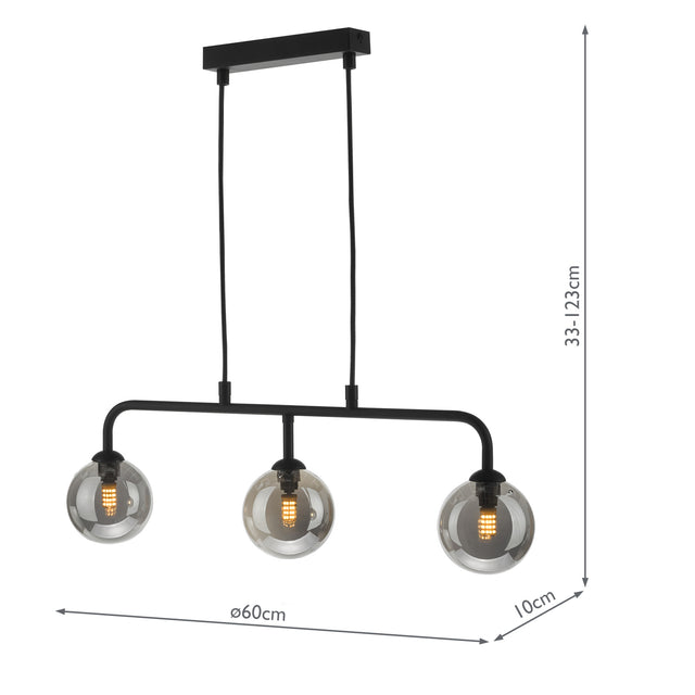Feya 3 Light Bar Pendant Matt Black Smoked Glass
