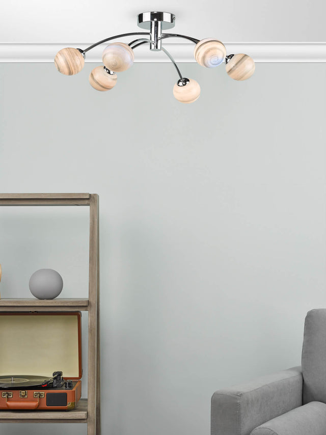Izzy 6 Light Semi Flush Polished Chrome Planet Glass