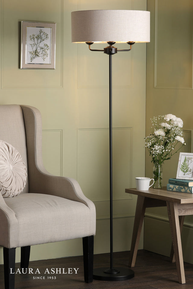 Laura Ashley Sorrento 3 Light Floor Lamp Matt Black and Natural With Shade