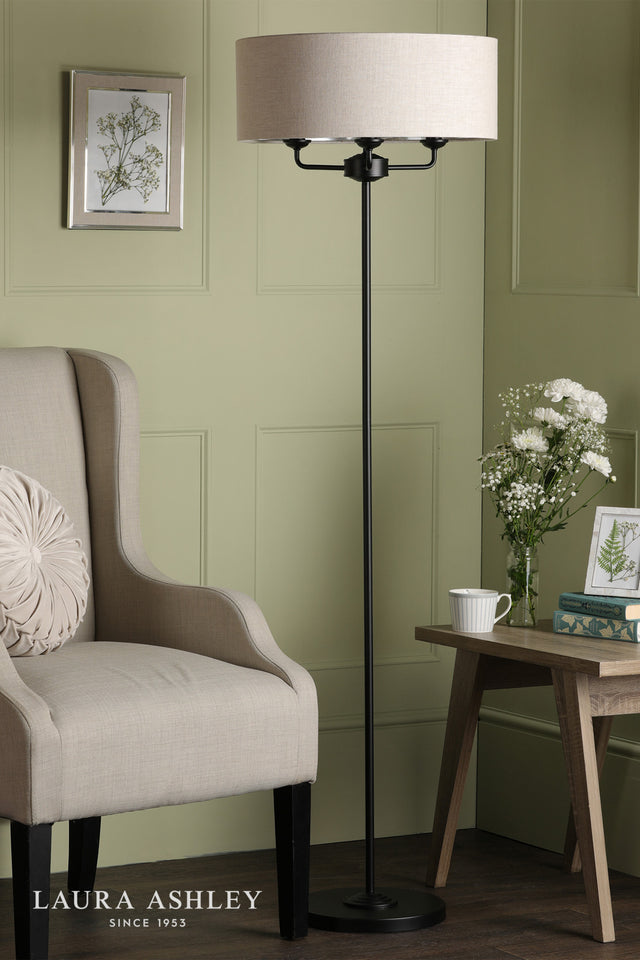 Laura Ashley Sorrento 3 Light Floor Lamp Matt Black and Natural With Shade