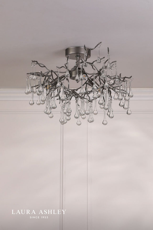 Laura Ashley Willow 3 Light Semi-Flush Satin Pewter and Crystal