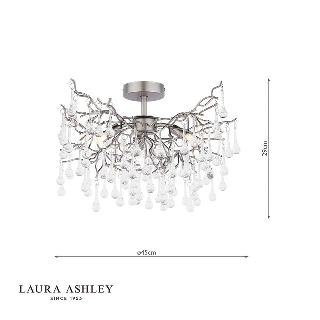 Laura Ashley Willow 3 Light Semi-Flush Satin Pewter and Crystal