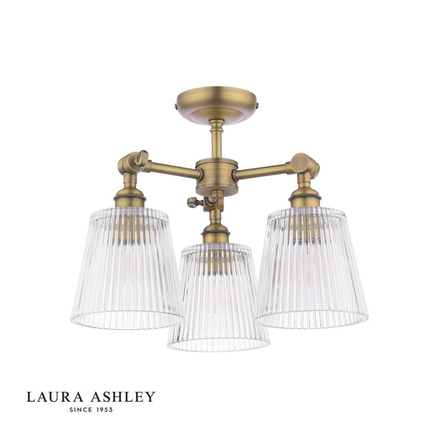 Laura Ashley Callaghan 3 Light Semi-Flush Matt Antique Brass and Ribbed Glass