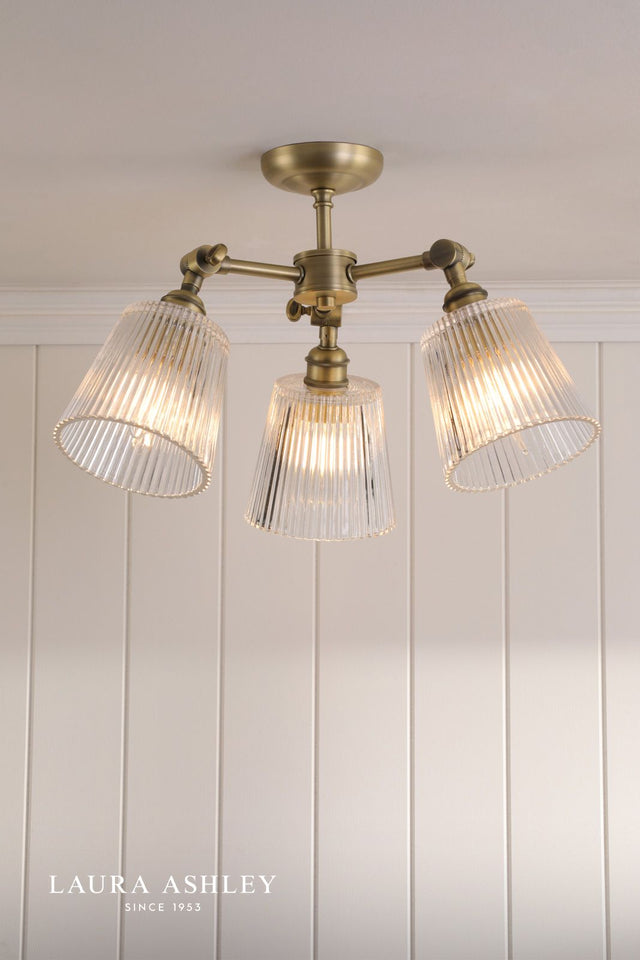 Laura Ashley Callaghan 3 Light Semi-Flush Matt Antique Brass and Ribbed Glass