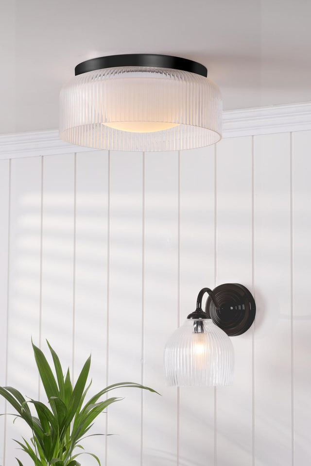 Laura Ashley Charissa Bathroom Wall Light Matt Black and Ribbed Glass IP44
