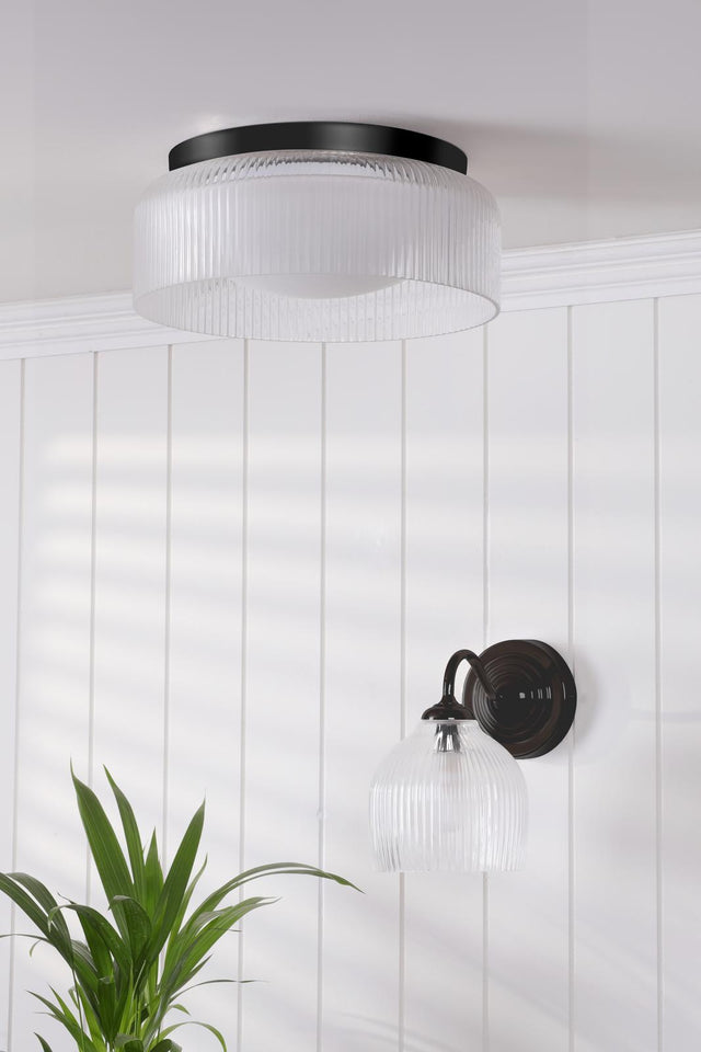 Laura Ashley Charissa Bathroom Wall Light Matt Black and Ribbed Glass IP44