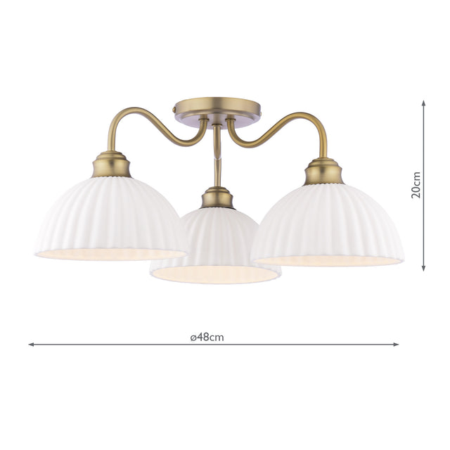 Laura Ashley Durford 3 Light Semi-Flush Matt Antique Brass and White Ceramic