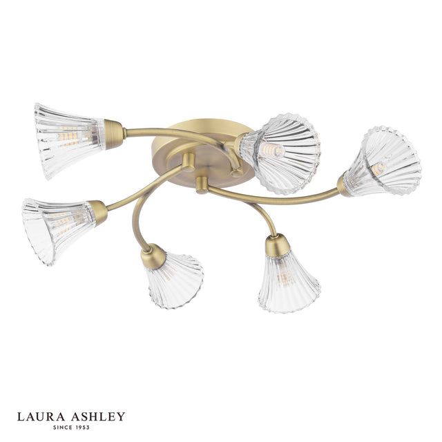 Laura Ashley Lanton 6 Light Semi-Flush Matt Antique Brass and Ribbed Glass