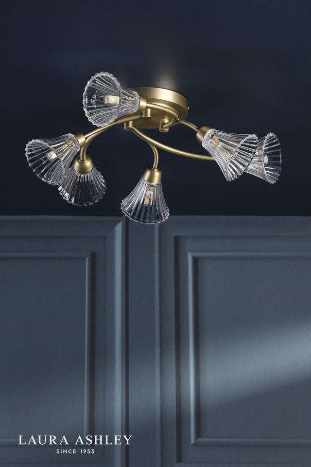 Laura Ashley Lanton 6 Light Semi-Flush Matt Antique Brass and Ribbed Glass