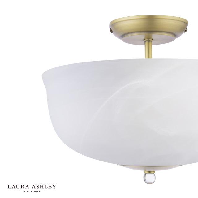 Laura Ashley Cossington 2 Light Semi-Flush Matt Antique Brass and White Marble Effect Glass