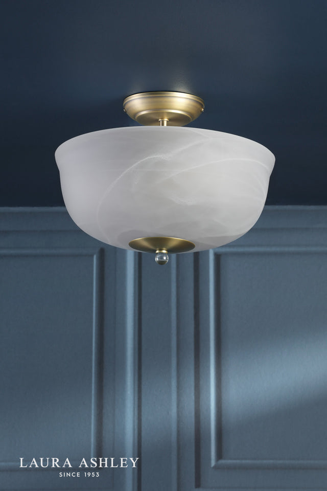 Laura Ashley Cossington 2 Light Semi-Flush Matt Antique Brass and White Marble Effect Glass