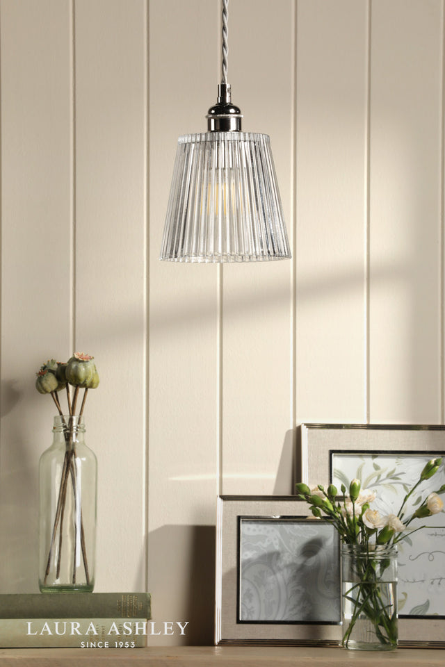 Laura Ashley Callaghan Pendant Polished Nickel and Ribbed Glass
