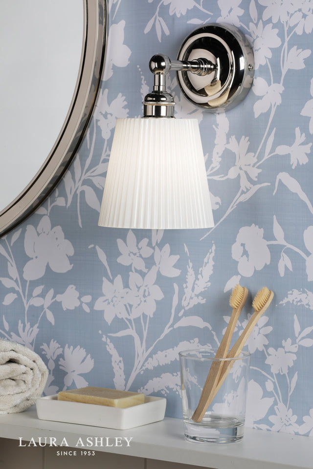 Laura Ashley Callaghan Wall Light Polished Nickel and White Ribbed Glass IP44